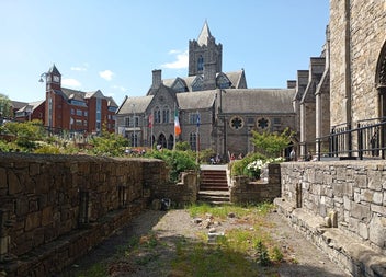 Looking at Christchurch Cathedral with flags