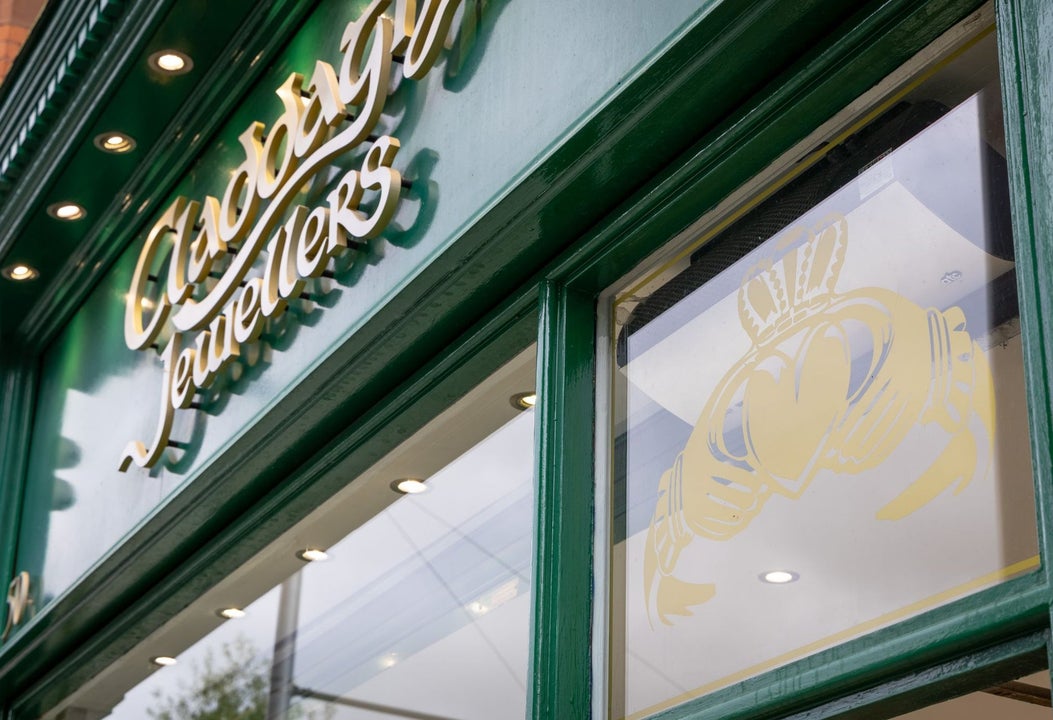 A sign on the front of a jewellery shop called Claddagh Jewellers