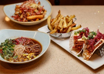Pulled beef Bay tacos served with Bay chips at Bay Restaurant