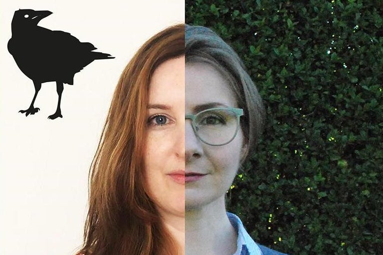 a woman's face cut in half vertically with 2 different faces, one wearing glasses