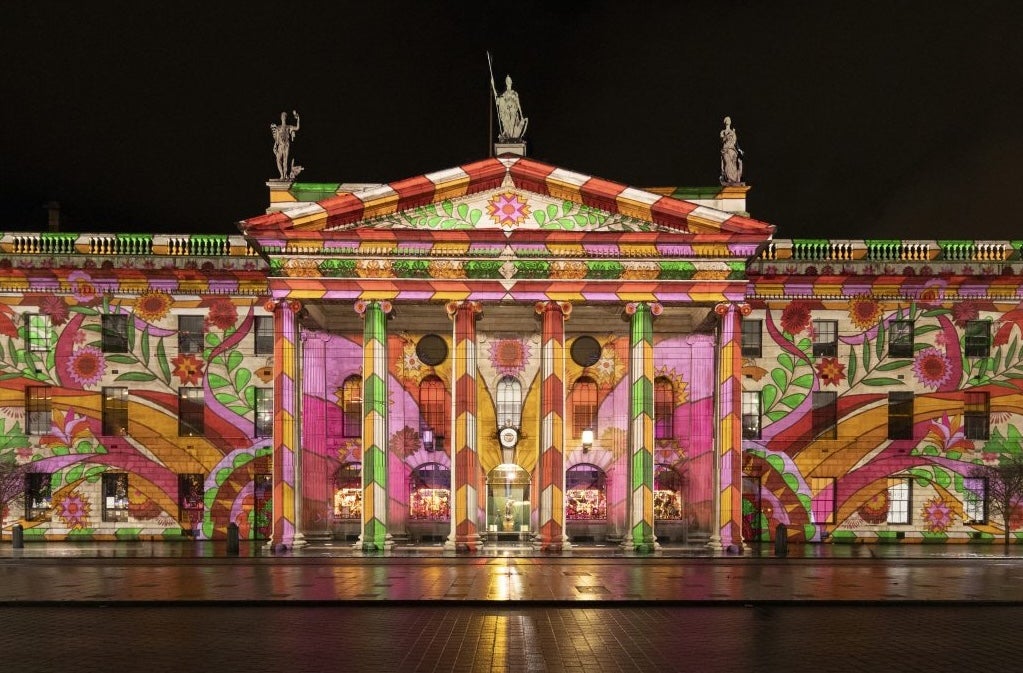 Dublin Winter Lights, The GPO lit up with a floral, colourful design at night