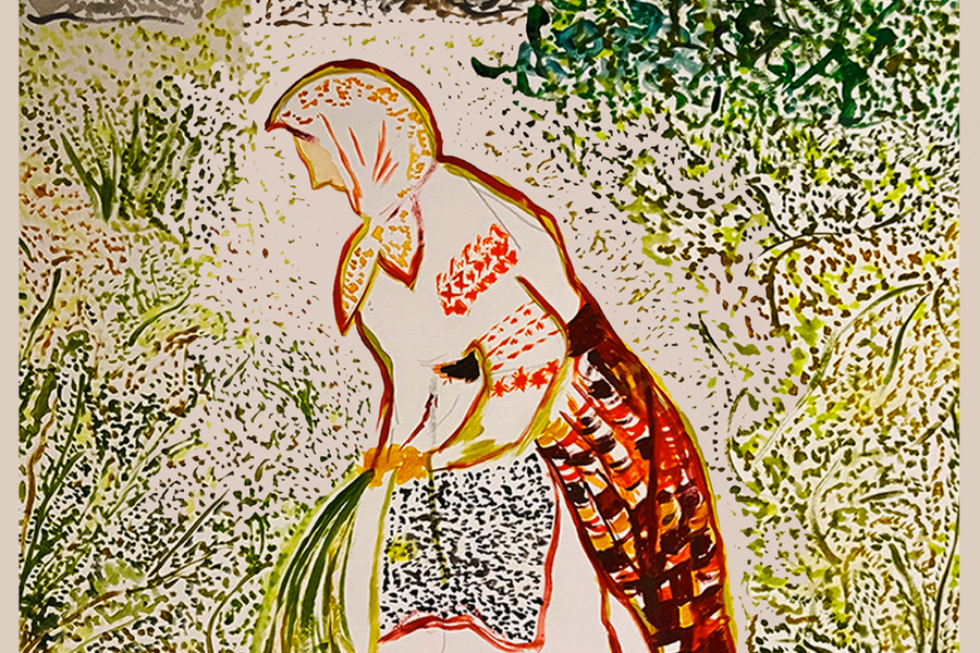 Scene + Heard 2026: Civil, a drawing in mainly dots of a woman in old fashioned dress, sweeping.