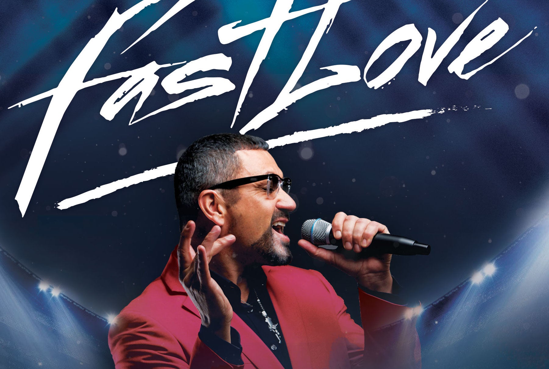 A man in sunglasses is singing into a mic