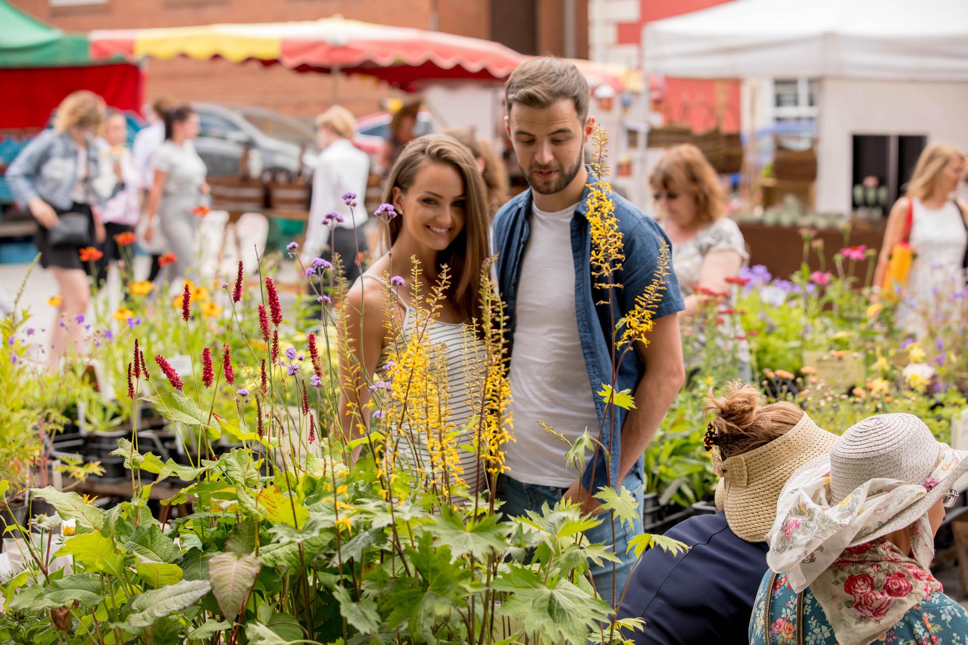 Couple looking at flowers at the Kilkenny Farmers Market