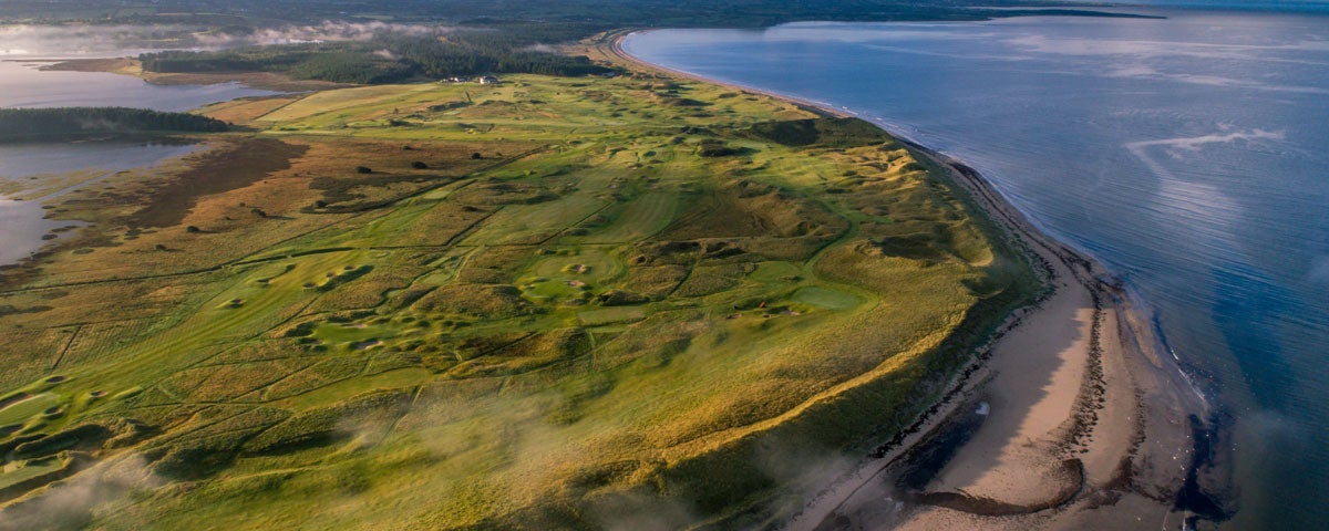 An aerial view of Donegal Golf Club beside Murvagh Beach.