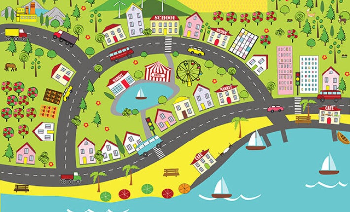 A simple colourful map of roads and houses by water.