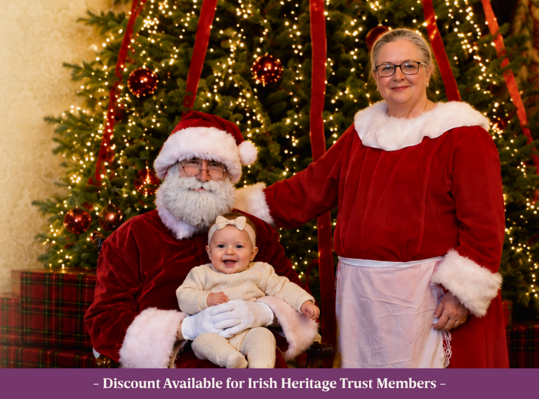 Santa and Mrs Claus in the beautiful dining room of Johnstown Castle with a stunning Christmas Tree in the background.