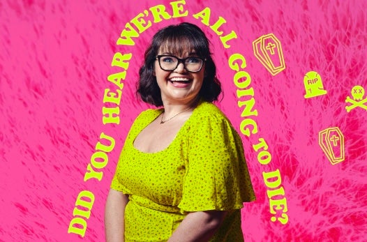 A laughing woman in bright yellow dress against bright pink background with her outlined in yellow text.