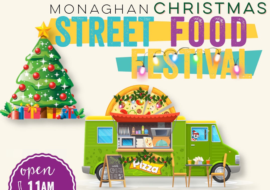 Promotional image for the Monaghan Christmas Street Food Festival. The design is intended for use on Instagram. It highlights the date and time: Saturday, 6th December, from 11 am to 5 pm at Church Square, Monaghan.