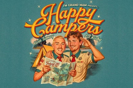 I'm Grand Mam - Happy Campers, cartoon style image of 2 smiling men in ranger type uniforms, one holding a map.