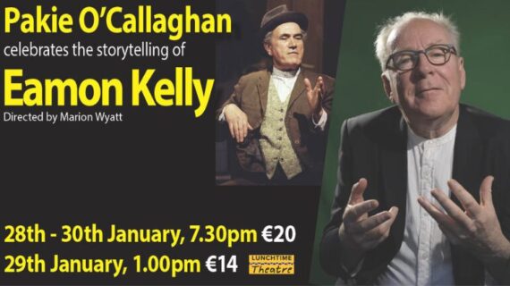 A Celebration of the Stories of Eamon Kelly, poster in black with yellow text and photos of men talking
