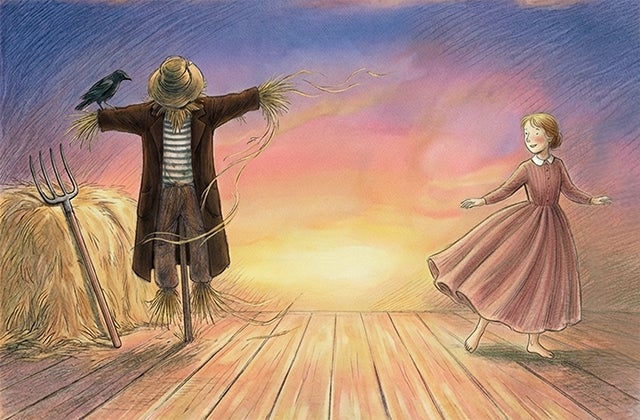 Lyngo Theatre presents Hay! Cartoon type image of a scarecrow and a young woman in a flowing dress surrounded by hay.