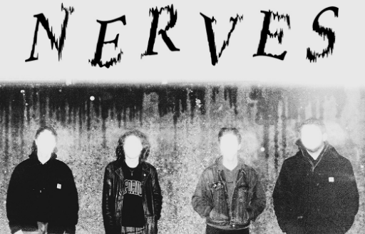 Black and white grainy photo of 4 people in a line with their faces blank in white.