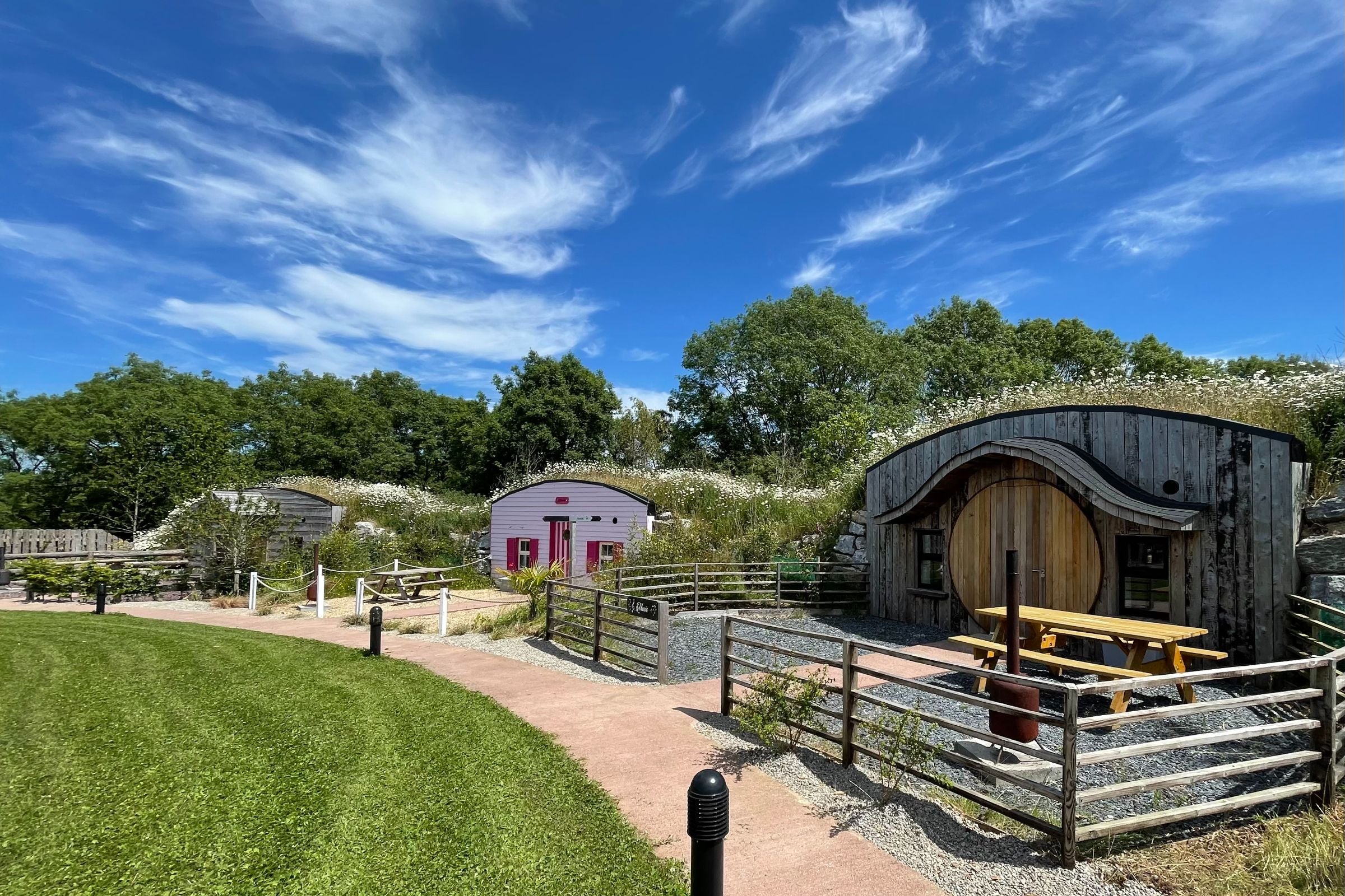 A row of glamping cabins in different colours with roofs of grass and white flowers.