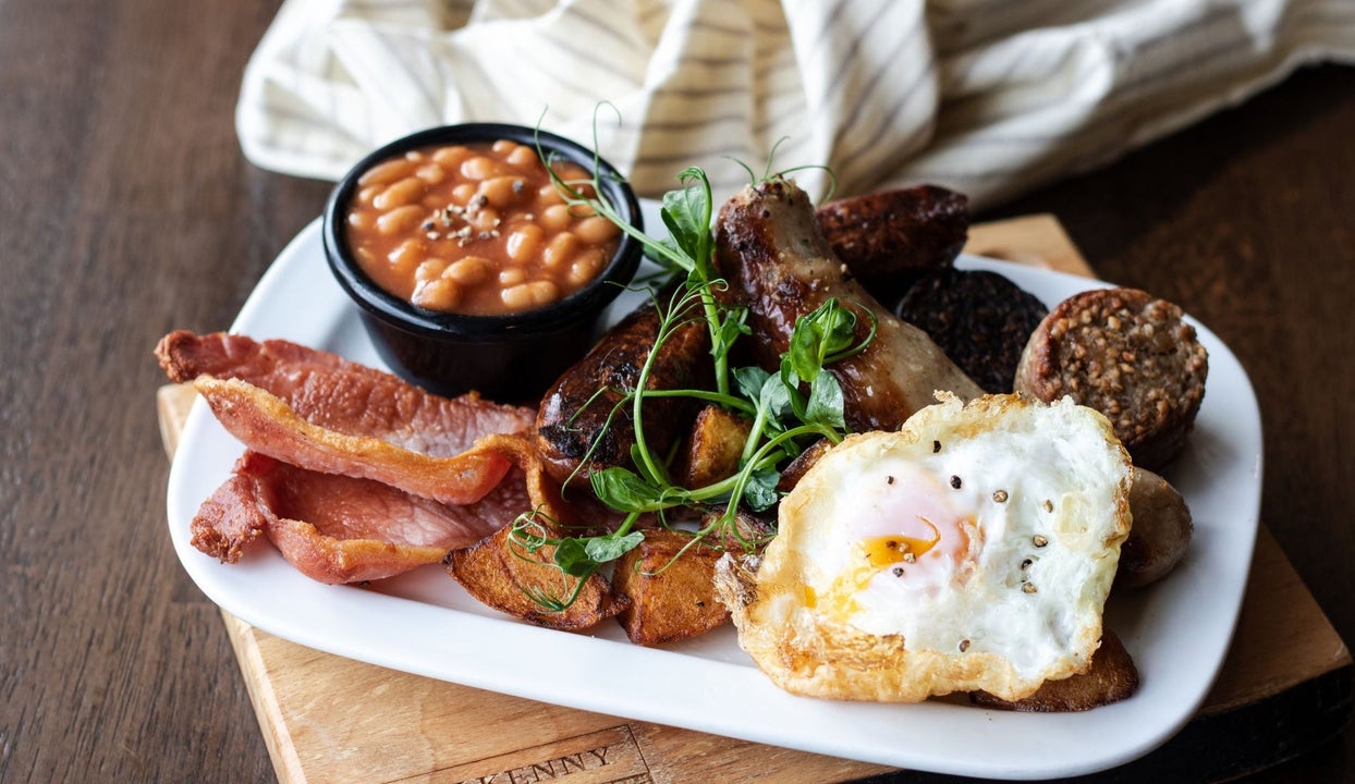 A full Irish breakfast on a white platter