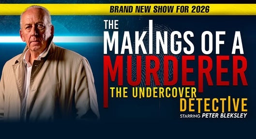 The Makings of a Murderer – the Undercover Detective, poster with event text and man in beige jacket looking serious.