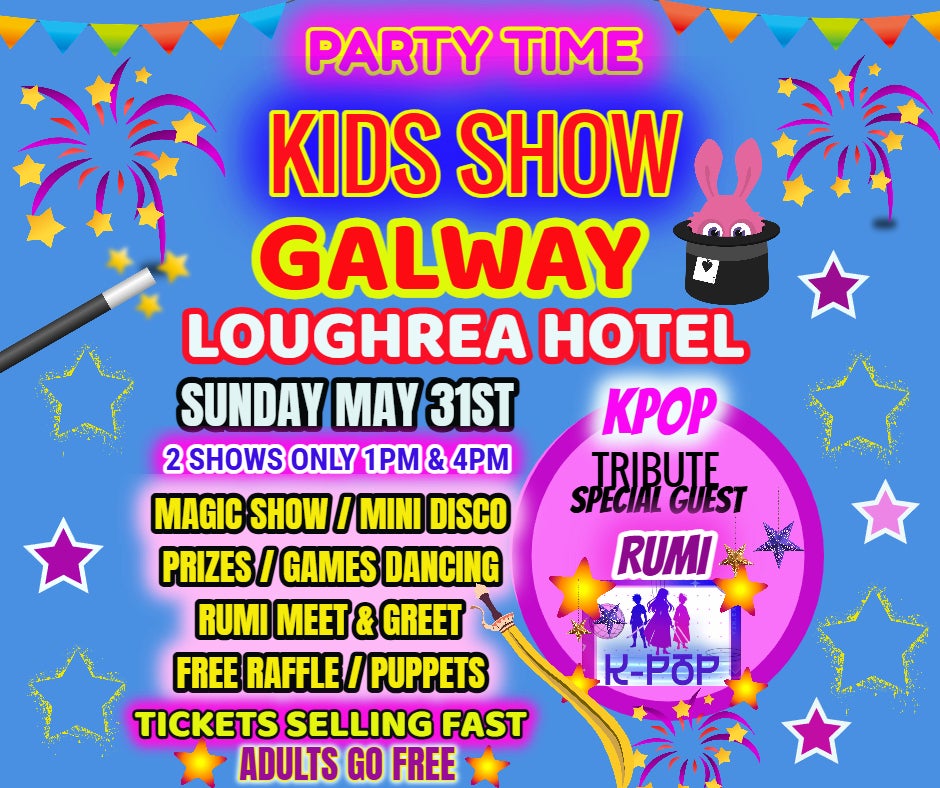 Poster for Party Time Kids Show with lots of text against blue background with stars