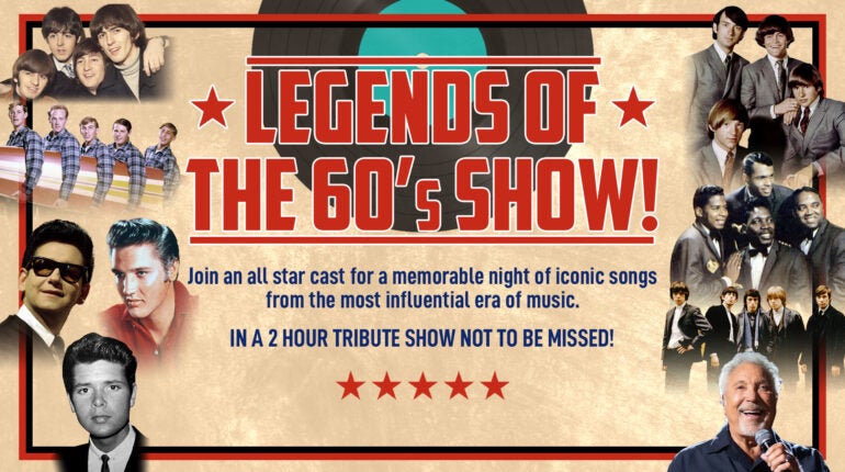 Poster for Legends of The 60s Show with small photos of different groups and singers around the edge with text in the centre.