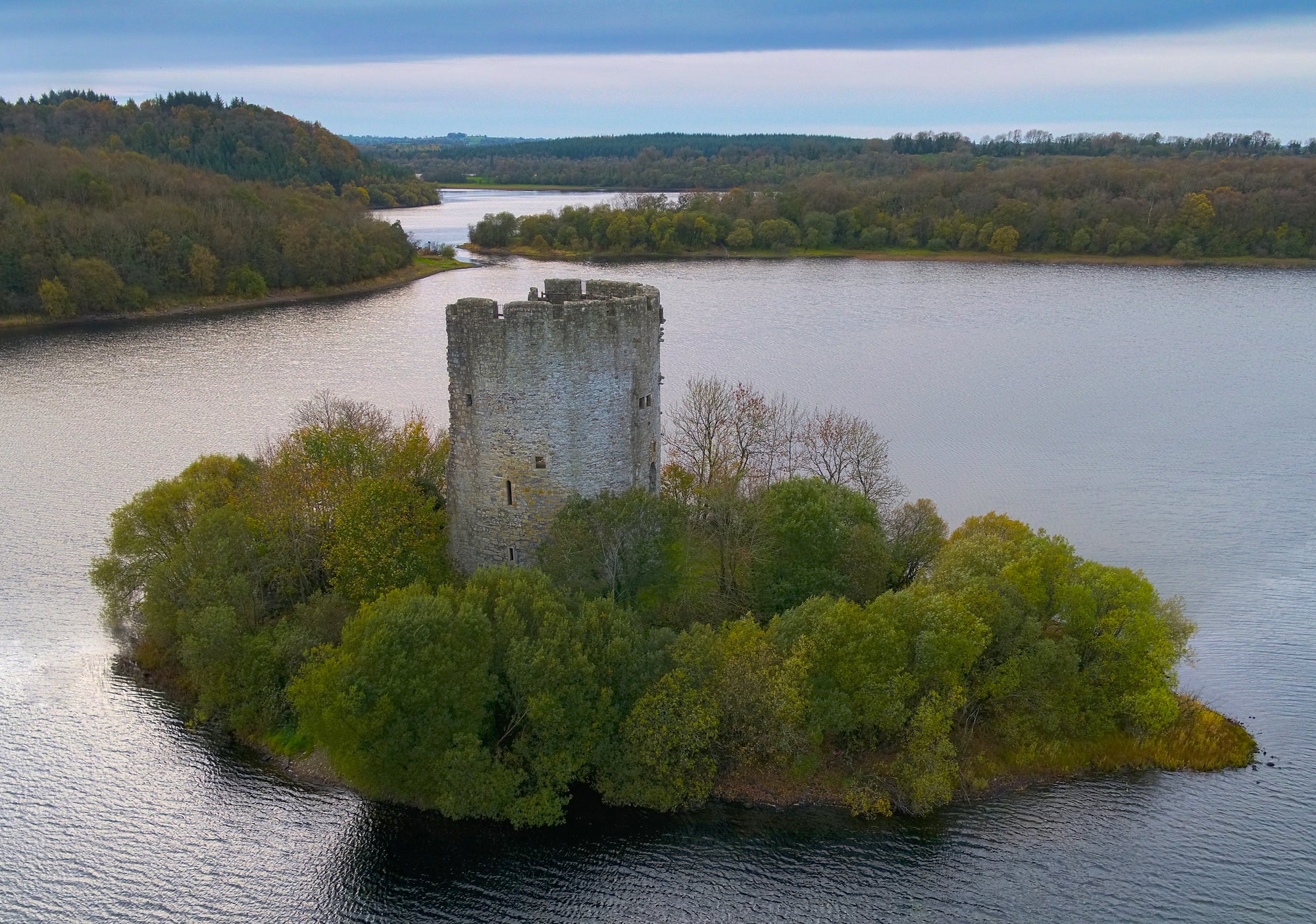 Aerial view of Clough Oughter Castle ruins in Co Cavan