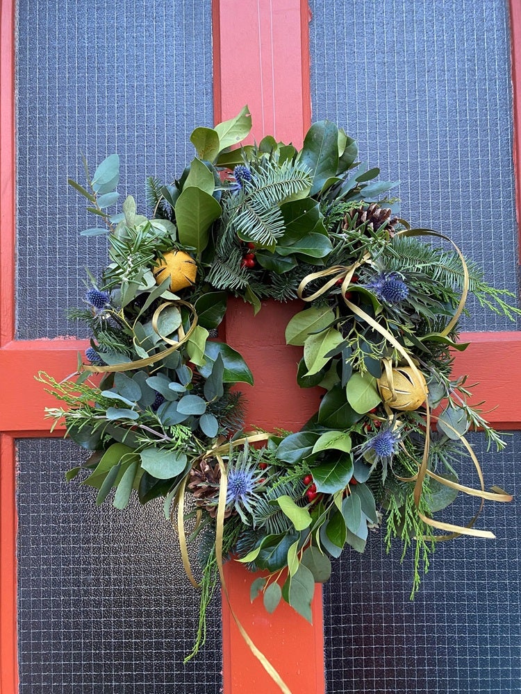 Wreath Hanging on Door with Ribbon