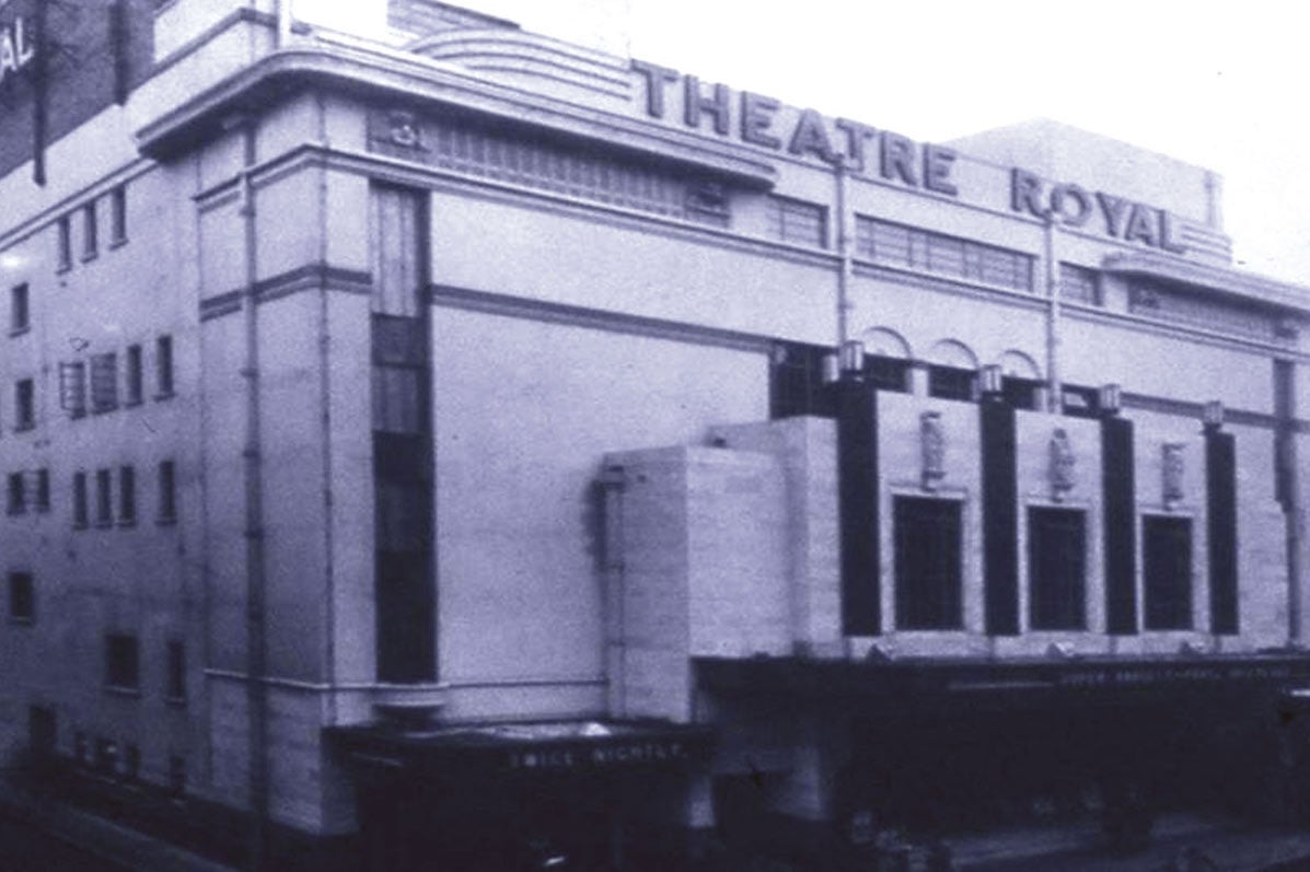 Dublin's Theatre Royal Remembered, black and white old photo of a large, square theatre building.