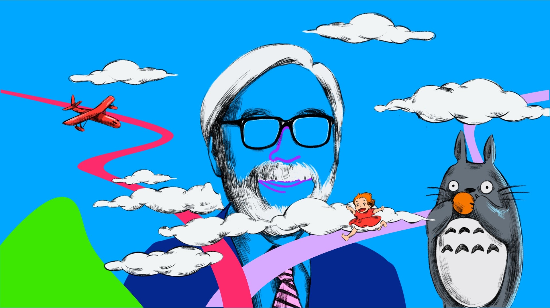 Hayao Miyazaki's Dreams by Mystery Ensemble - cartoon type image of man's head and shoulders wearing glasses but with face completely transparent to the blue sky behind with other cartoon figures.