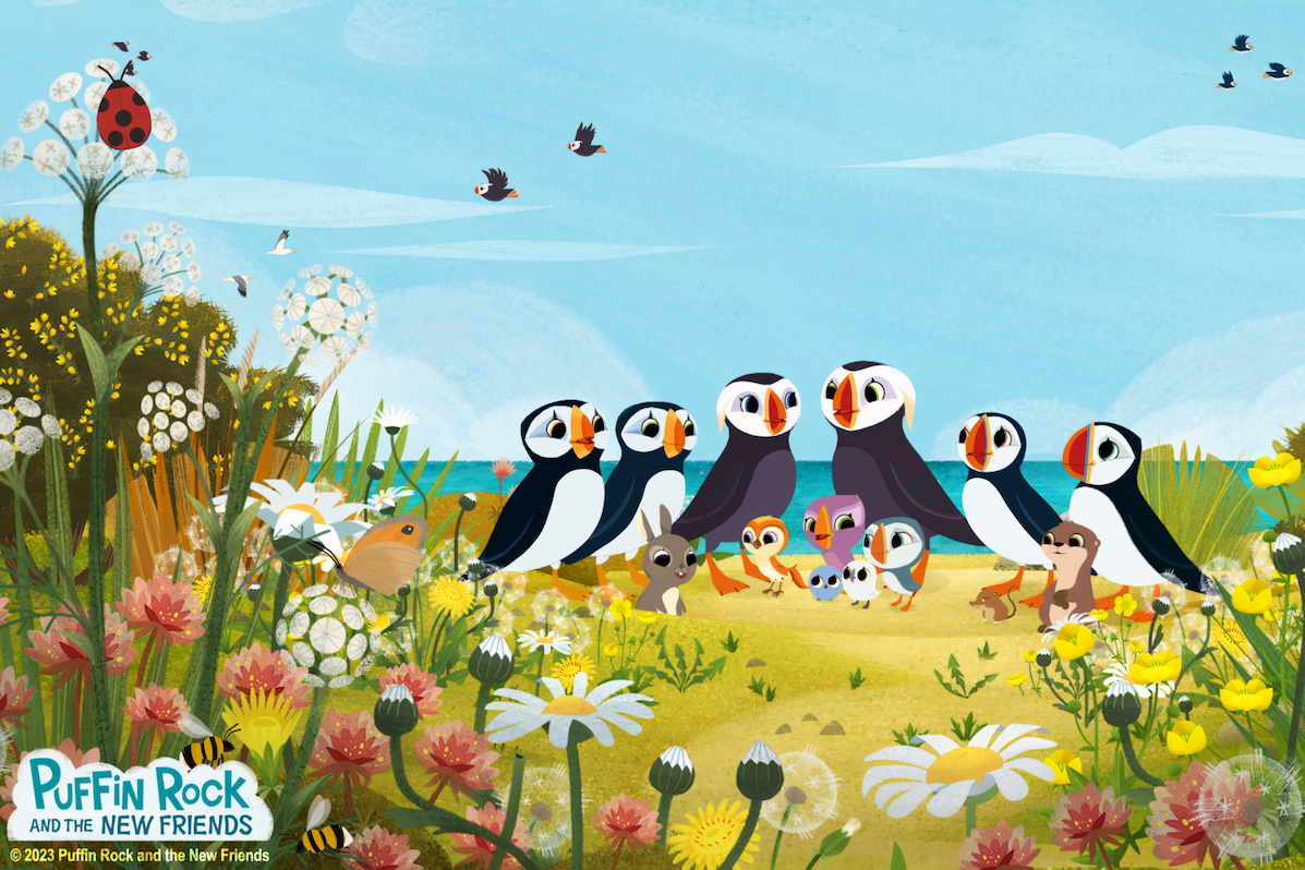 A cartoon image of a group of puffin birds with smaller creatures in front of them surrounded by flowers and greenary