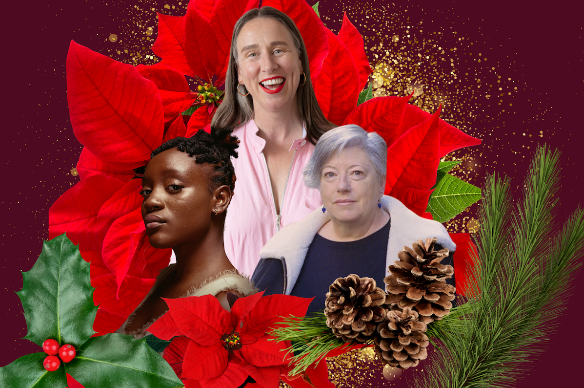 Collage of 3 different women set into red flower with christmas greenery around.