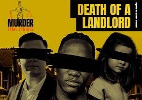 Poster in dull yellow and black with 2 men and a child with their eyes blacked out.