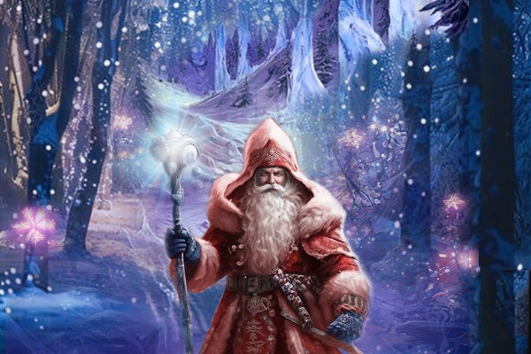 Santa's Ice Palace - Loughcrew Gardens - cartoon type image of wizard santa in dull red outfit in snowy, sparkling wood.