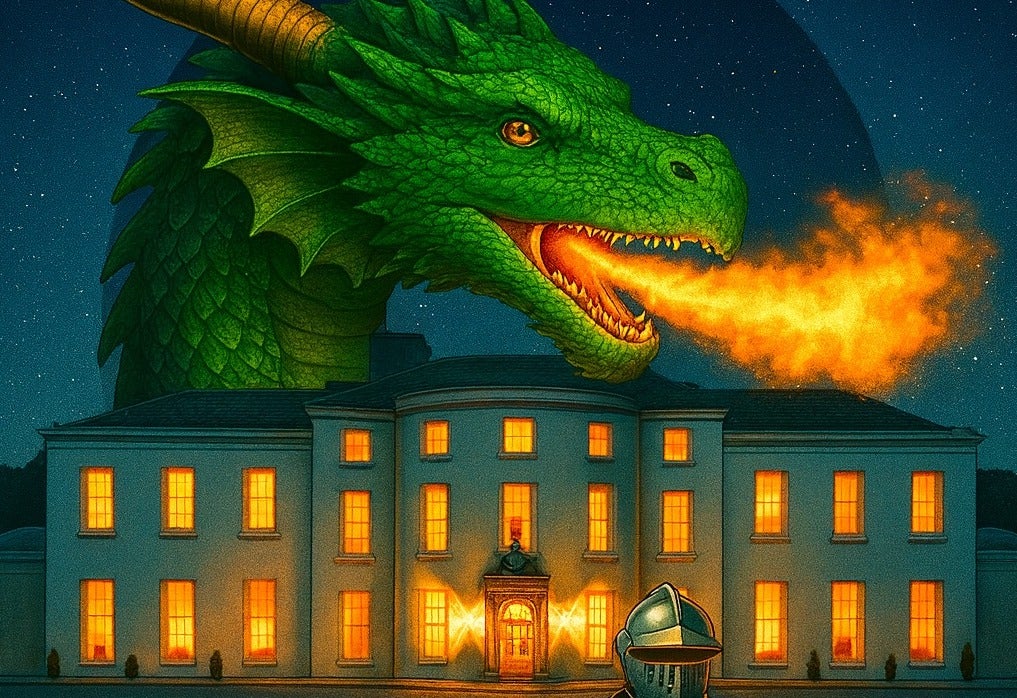 An image of large, green fire breathing dragon on top of a large country house at night with all the windows lit with yellow lights.