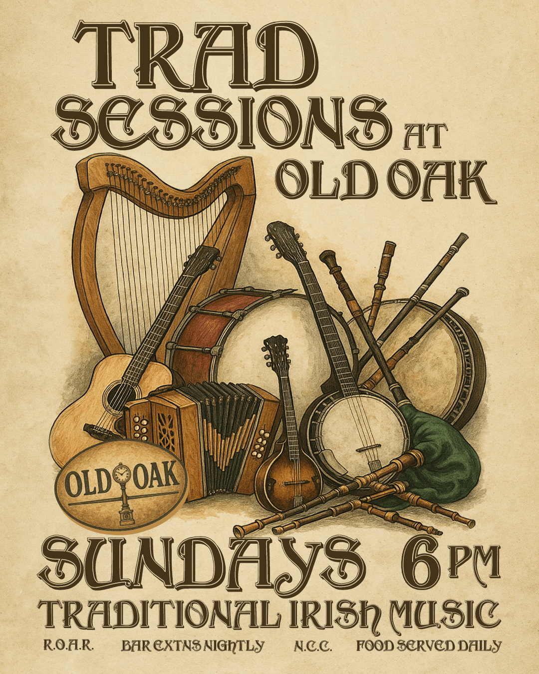 Beige and brown poster with hand drawn Irish musical instruments