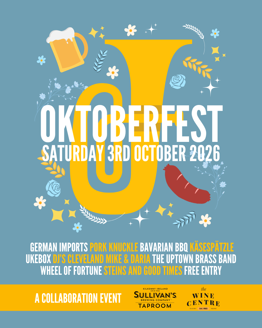 Sullivan’s Oktoberfest 2026 poster featuring German beer, live music, food and free entry on Saturday October 3rd.