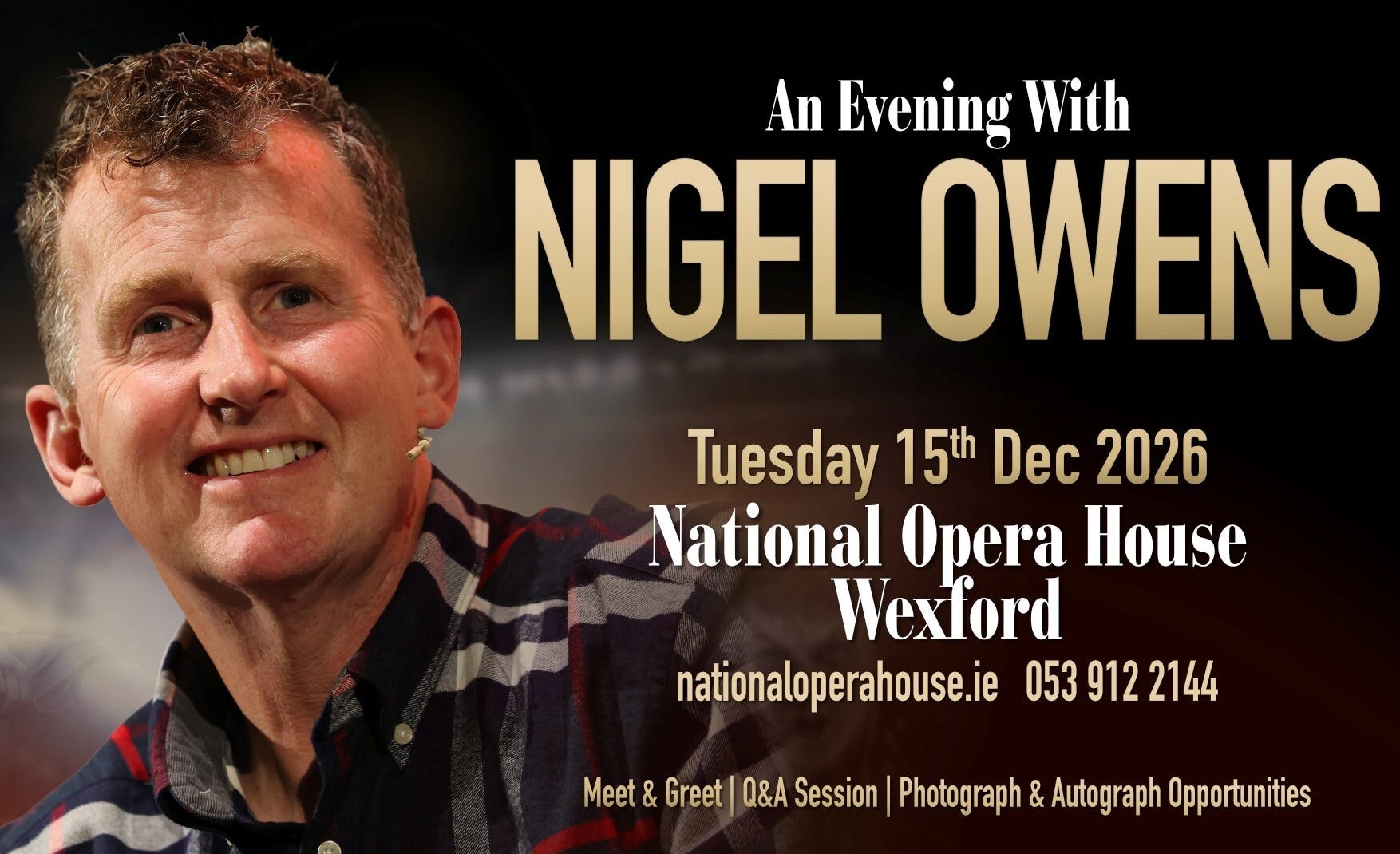 Poster for an evening with Nigel Owens, a smiling man beside large text.