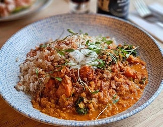 Squash and lentil curry with brown rice on a blue and white plate