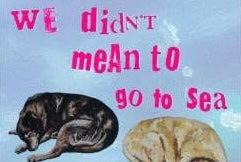 Part of poster in pale blue with text and 2 hand drawn images of dogs asleep.