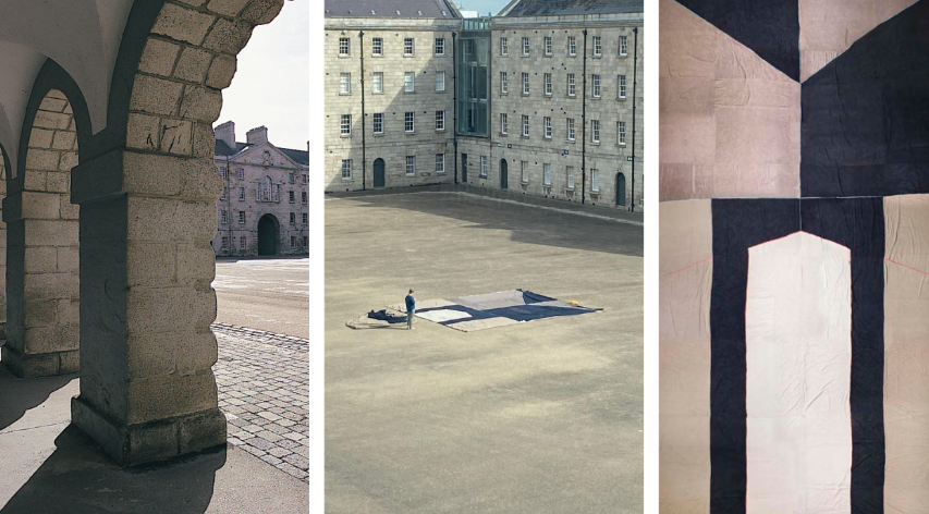 Three images side by side. From left to right, an image of archways at Collins Barracks, an artist standing over an artwork displayed in Clarke Square, and a close up shot of artwork