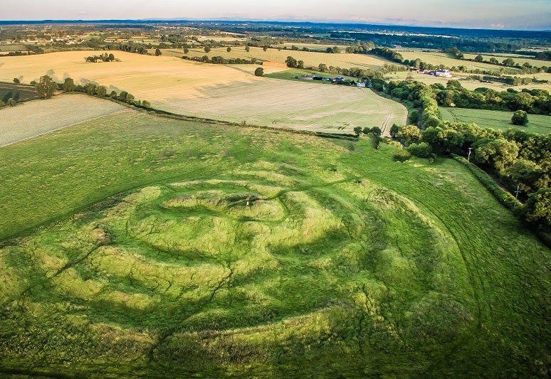 A large green field viewed from above with circular mounds visible as lighter shade of green.