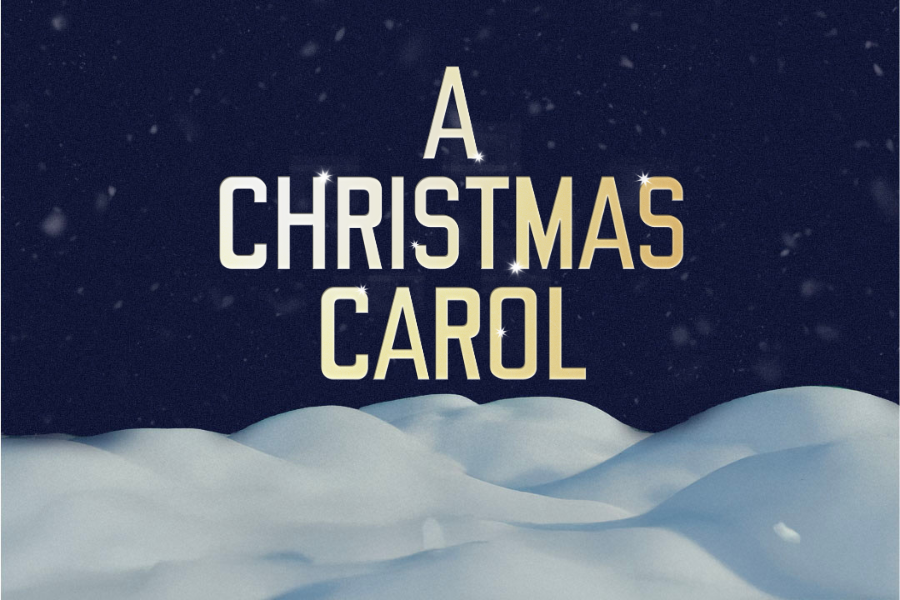 A Christmas Carol reads in glowing golden letters, on a dark night sky with snow beneath it.