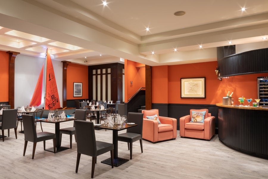 red reception with chairs