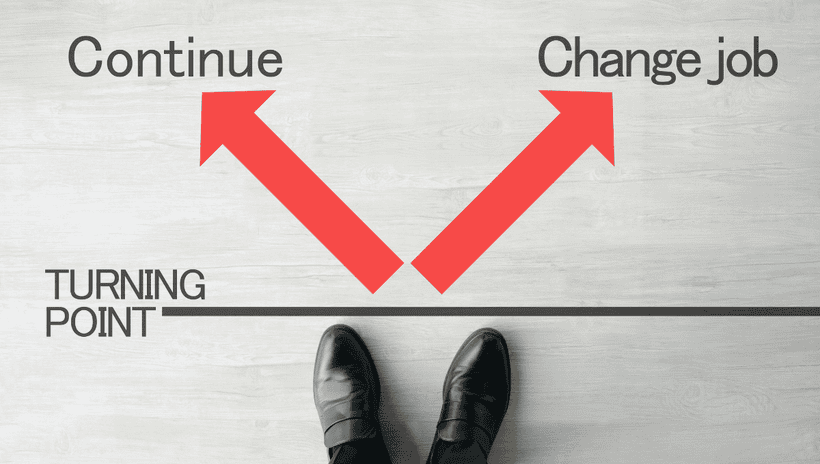 Job change image showing feet standing at a 'turning point' with two arrows, one pointing to 'continue' another to 'new job'.
