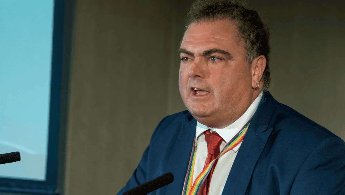 Manuel Cortes, TSSA General Secretary, speaking at TSSA conference 2019 podium, close up