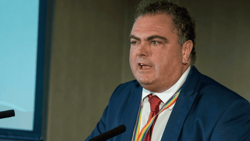 Manuel Cortes, TSSA General Secretary, speaking at TSSA conference 2019 podium, close up