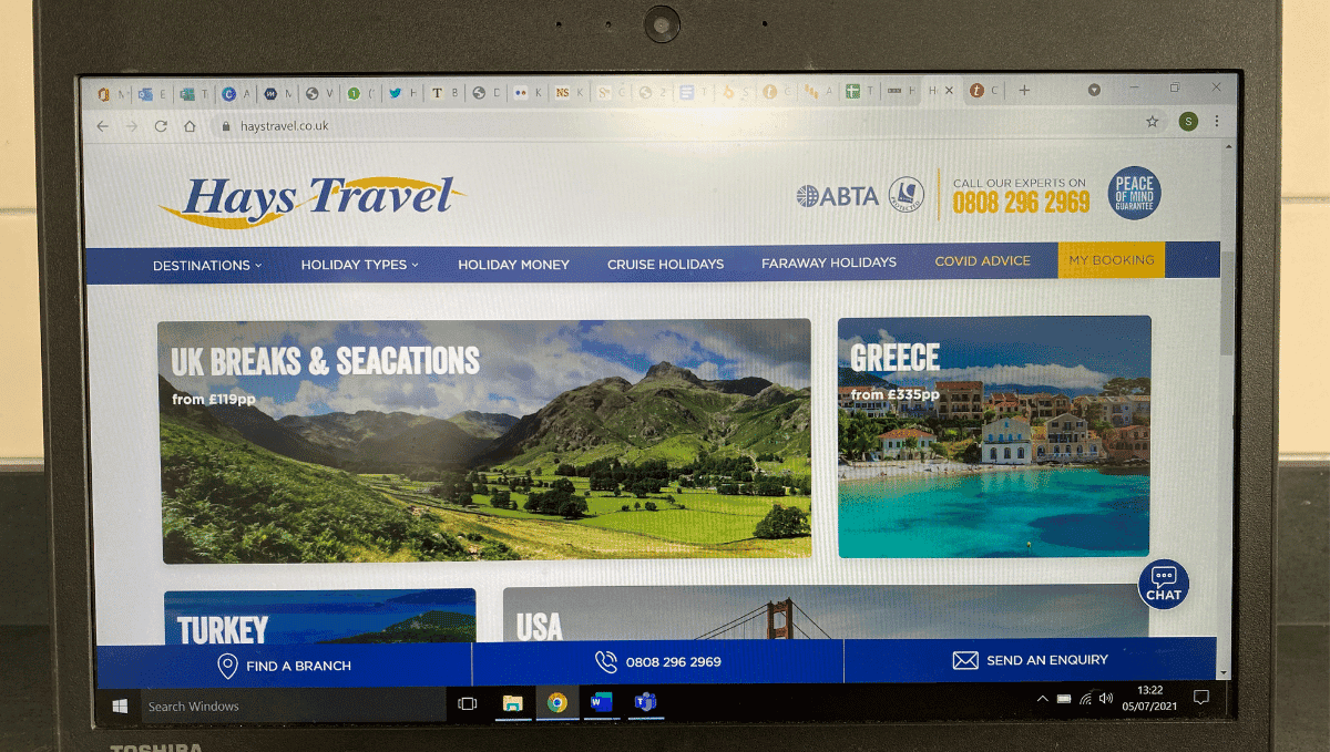 Hays Travel website on a laptop screen