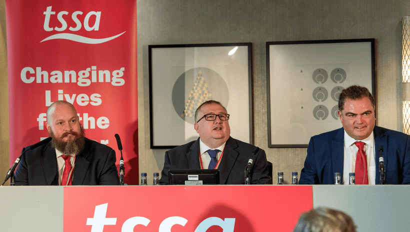 TSSA conference top table, l-r: Treasurer Jason Turvey, President Mick Carney, and General Secretary Manuel Cortes