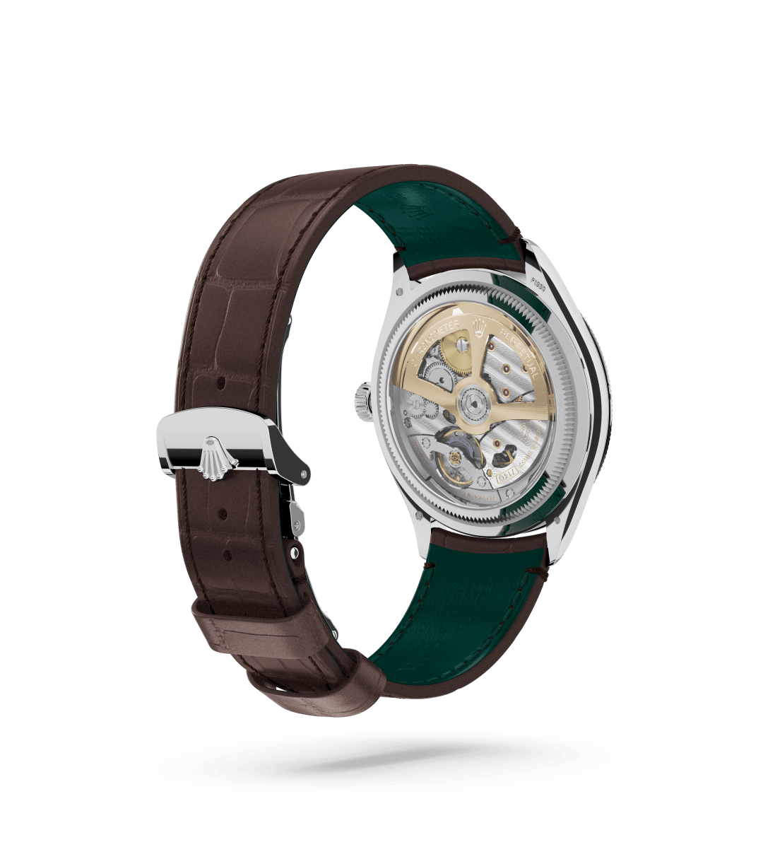 Rolex 1908 in 39 mm, platina, gepolijste afwerking with a IJsblauw, rijstkorrelmotief dial, Gewelfd en gekarteld bezel, and Lederen band bracelet