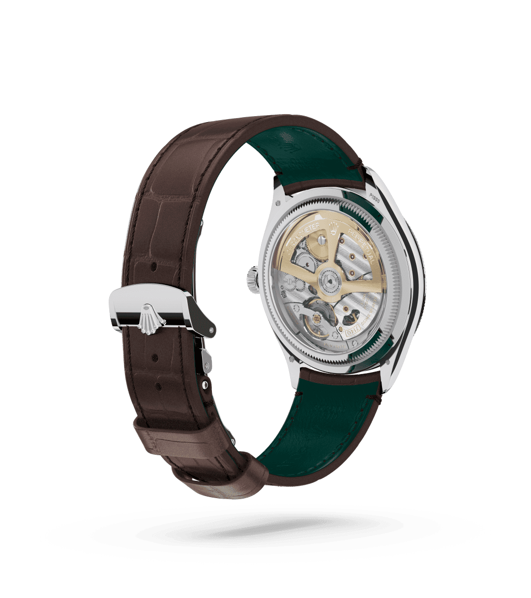 Rolex 1908 in 39 mm, platina, gepolijste afwerking with a IJsblauw, rijstkorrelmotief dial, Gewelfd en gekarteld bezel, and Lederen band bracelet