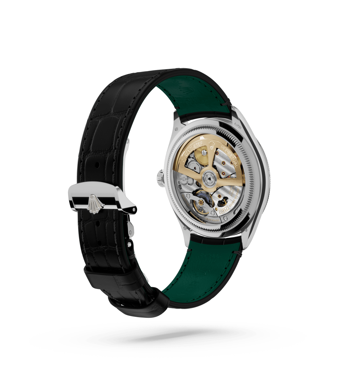 Rolex 1908 in 39 mm, 18 kt witgoud, gepolijste afwerking with a Diepzwart dial, Gewelfd en gekarteld bezel, and Lederen band bracelet