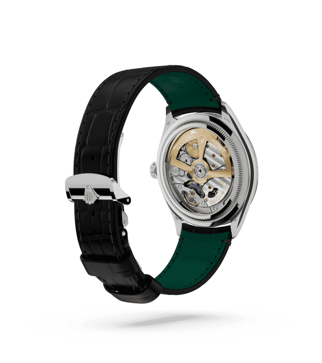 Rolex 1908 in 39 mm, 18 kt witgoud, gepolijste afwerking with a Diepzwart dial, Gewelfd en gekarteld bezel, and Lederen band bracelet