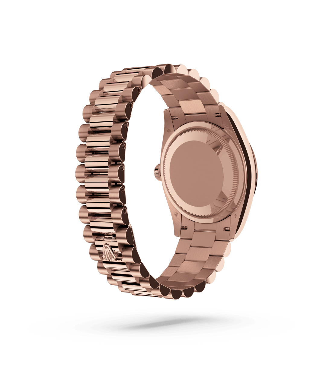 Rolex Day-Date 36 in Oyster, 36 mm, Everose-goud with a Rosékleurig bezet met diamanten dial, Gekarteld bezel, and President, halfronde driedelige schakels bracelet